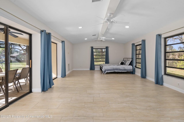 bedroom featuring vaulted ceiling with beams, access to outside, and ceiling fan