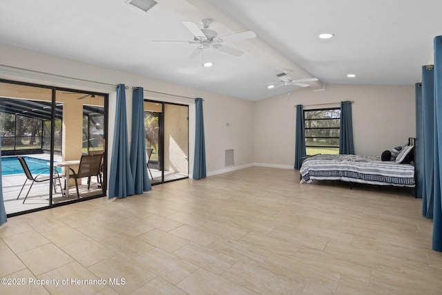 bedroom featuring access to exterior, lofted ceiling with beams, and ceiling fan