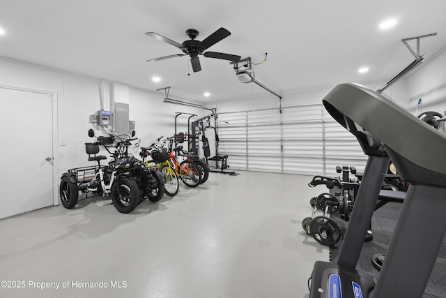 garage with a garage door opener, electric panel, and ceiling fan