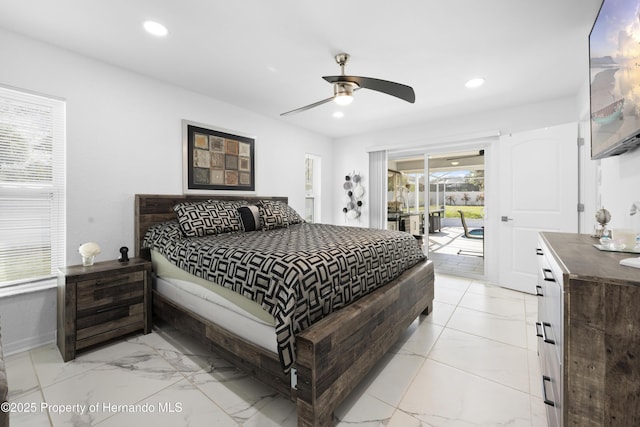 bedroom featuring access to outside and ceiling fan