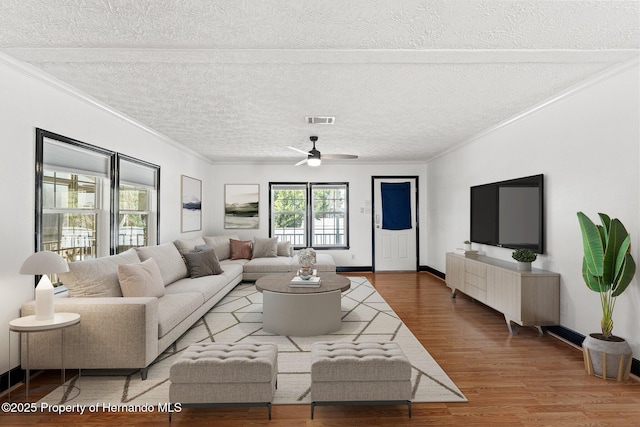 living room featuring hardwood / wood-style flooring, ornamental molding, ceiling fan, and a textured ceiling