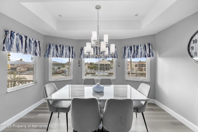 dining space featuring a notable chandelier, plenty of natural light, and a raised ceiling