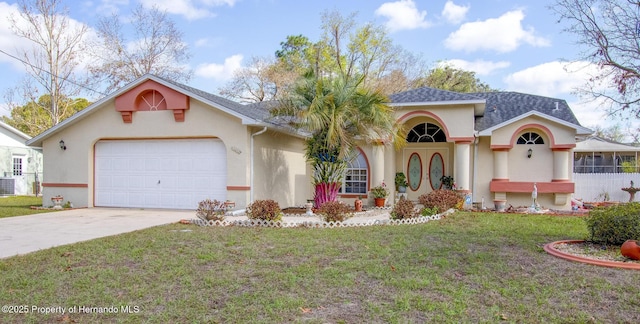 view of front of property with roof with shingles, stucco siding, concrete driveway, a front yard, and a garage