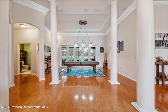 5351 Championship Cup Ln, Spring Hill, FL 34609 - recreation room featuring hardwood / wood-style flooring and decorative columns
