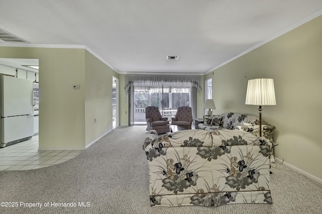 living room featuring light carpet, crown molding, and access to outside