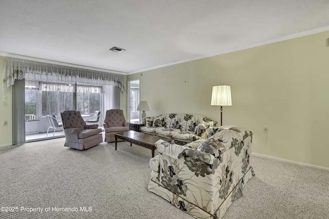 living room featuring light colored carpet and ornamental molding