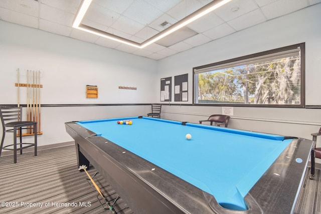 game room with carpet flooring, pool table, and a drop ceiling