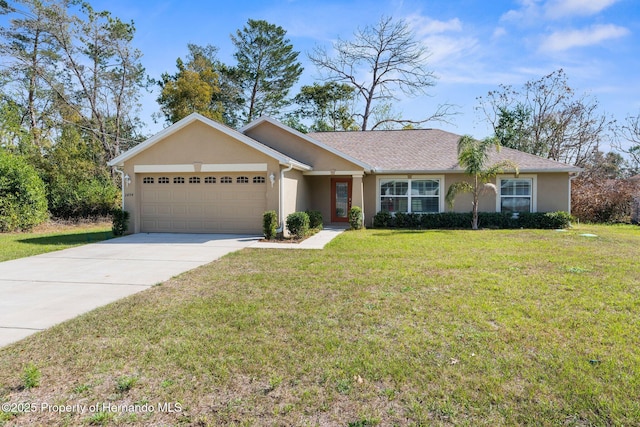 single story home with a garage and a front yard