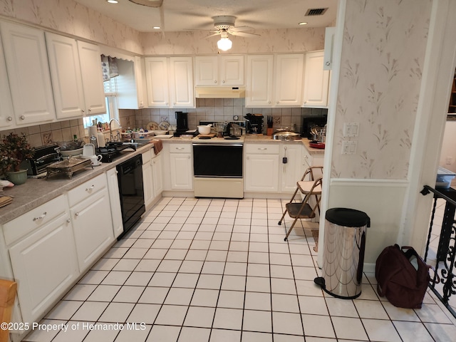 kitchen with light tile patterned flooring, dishwasher, white cabinets, ceiling fan, and white range with electric cooktop