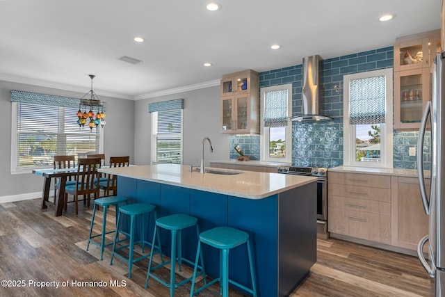 kitchen with stainless steel appliances, glass insert cabinets, a kitchen island with sink, a sink, and wall chimney exhaust hood