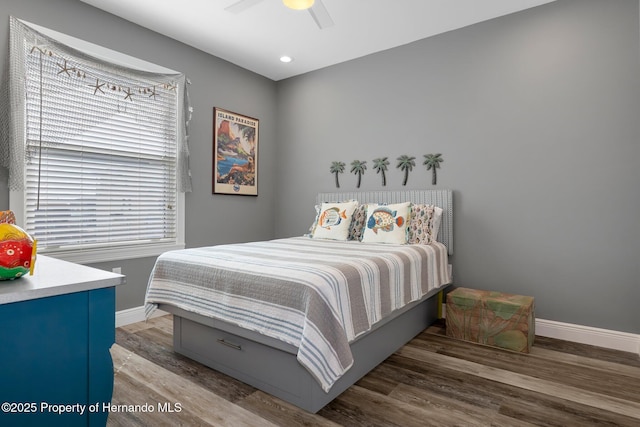 bedroom featuring recessed lighting, ceiling fan, baseboards, and wood finished floors