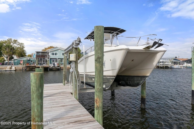 dock area featuring a water view and boat lift