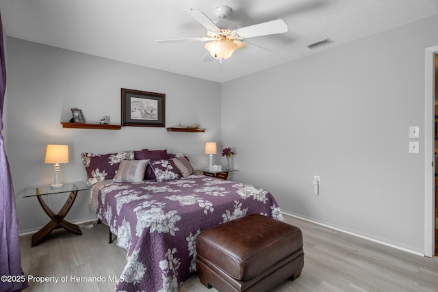 bedroom featuring light wood-type flooring, visible vents, ceiling fan, and baseboards