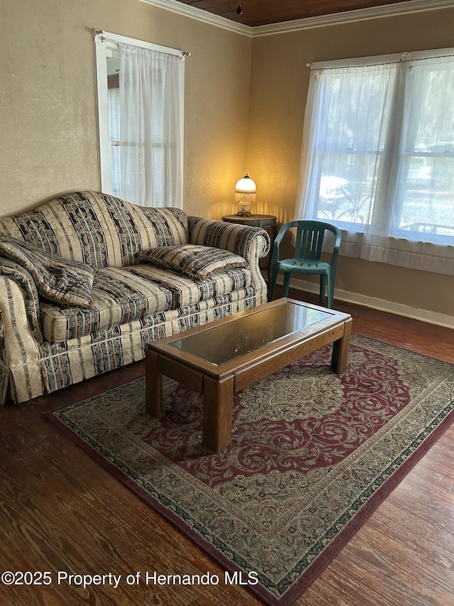 living room featuring hardwood / wood-style floors and crown molding