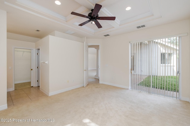 unfurnished bedroom with coffered ceiling, crown molding, light carpet, access to outside, and beam ceiling