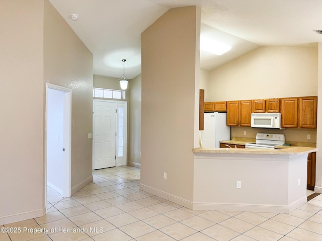 kitchen with light tile patterned floors, light countertops, brown cabinetry, high vaulted ceiling, and white appliances