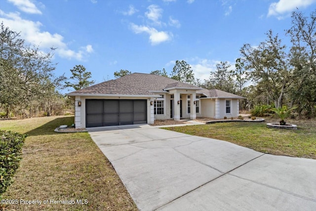 view of front of house with a front yard and a garage