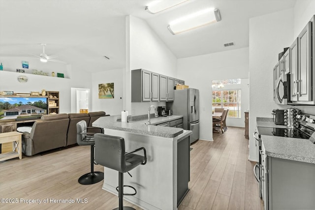 kitchen with kitchen peninsula, gray cabinetry, a breakfast bar, light hardwood / wood-style floors, and appliances with stainless steel finishes