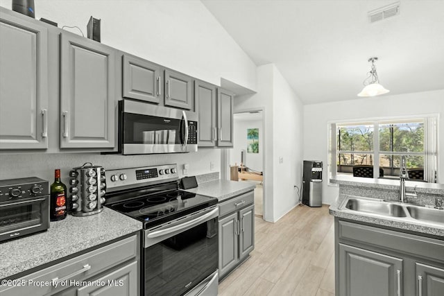 kitchen with appliances with stainless steel finishes, sink, gray cabinetry, and lofted ceiling