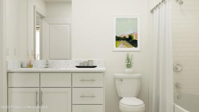 full bathroom featuring toilet, vanity, and shower / bathtub combination with curtain