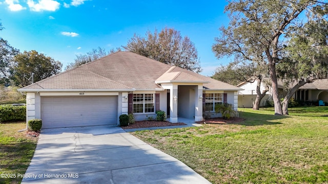 single story home with a garage and a front yard