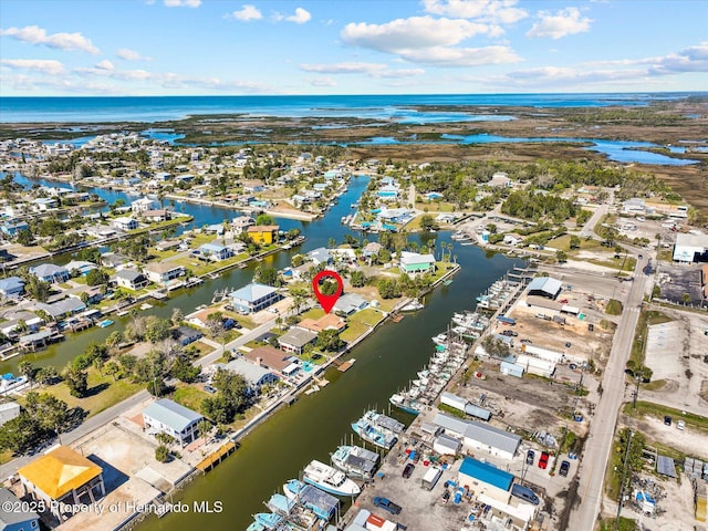 aerial view featuring a water view