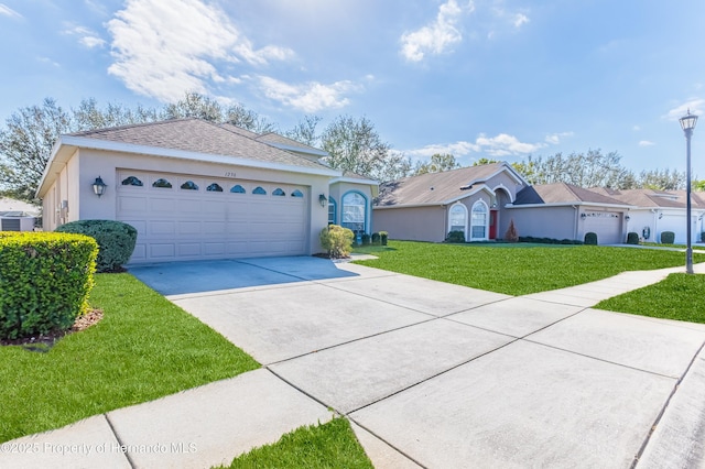 ranch-style home with central air condition unit, a front lawn, and a garage