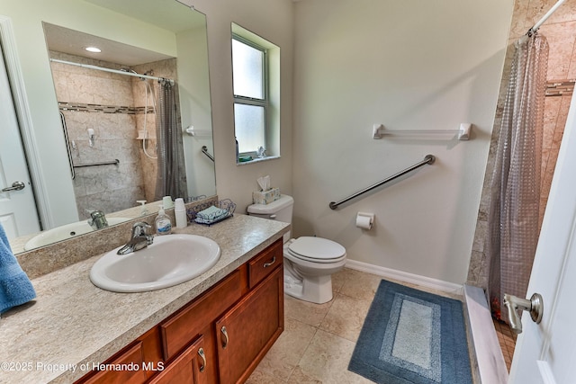 full bath with baseboards, toilet, curtained shower, tile patterned flooring, and vanity