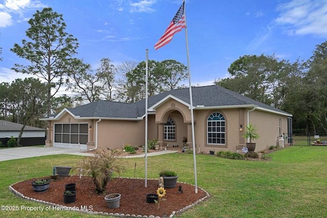 single story home featuring roof with shingles, stucco siding, concrete driveway, a garage, and a front lawn