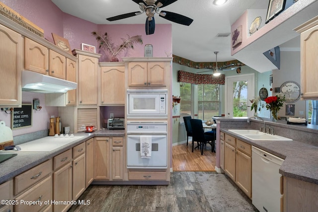 kitchen featuring white appliances, light brown cabinets, a sink, and under cabinet range hood