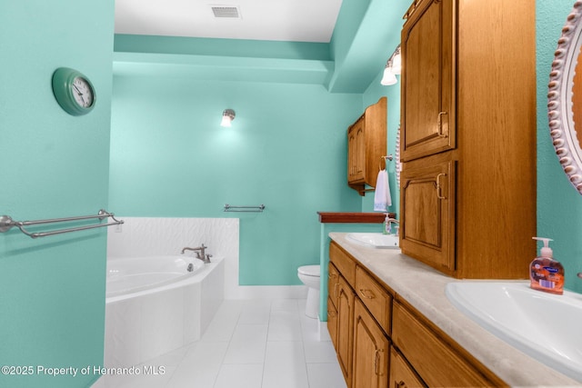 bathroom with visible vents, toilet, a sink, tile patterned flooring, and a bath