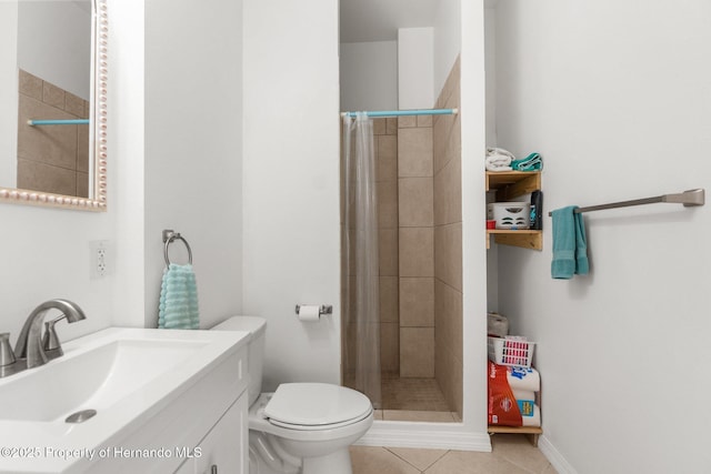 bathroom with tile patterned flooring, a shower stall, toilet, and vanity