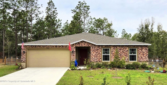 single story home featuring driveway, a garage, roof with shingles, fence, and a front yard