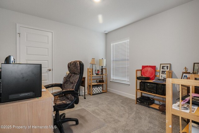 office space with baseboards and light colored carpet