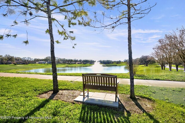 view of community featuring a water view and a yard