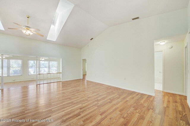 unfurnished living room featuring a skylight, ceiling fan, visible vents, and light wood finished floors