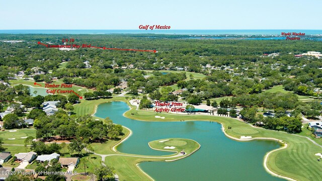 drone / aerial view with view of golf course, a water view, and a view of trees