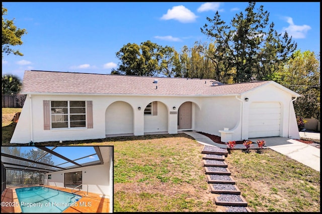 view of front of house featuring a front lawn, concrete driveway, an attached garage, a fenced in pool, and a lanai