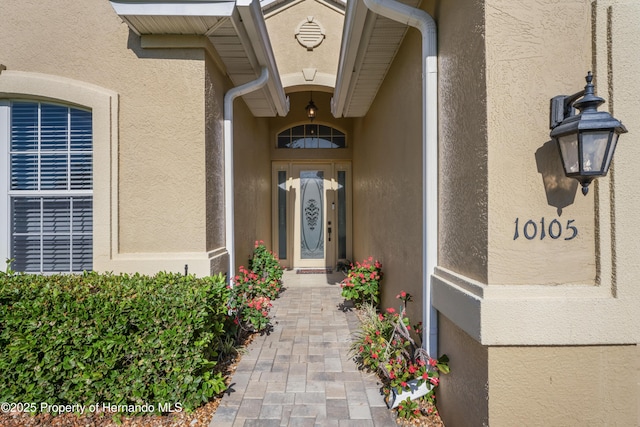 doorway to property featuring stucco siding