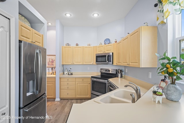 kitchen with a sink, stainless steel appliances, light brown cabinets, and light countertops