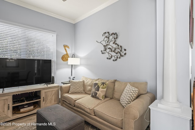 living area featuring crown molding and wood finished floors