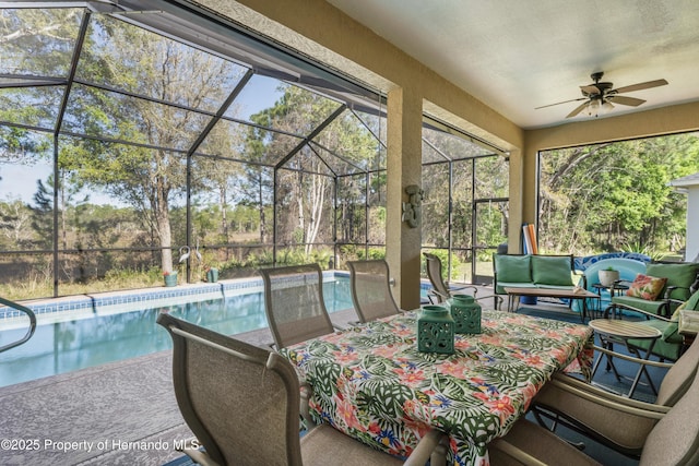 exterior space with ceiling fan