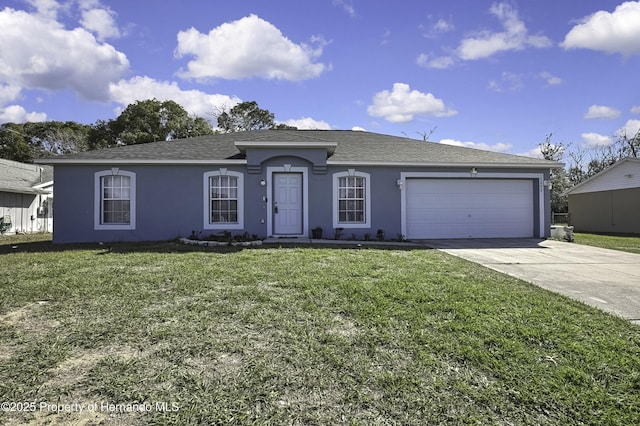 single story home featuring a front yard, driveway, an attached garage, and stucco siding