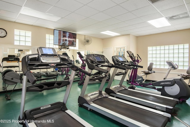 workout area with a wealth of natural light and a drop ceiling