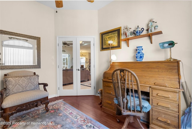 office featuring ceiling fan, baseboards, french doors, and wood finished floors
