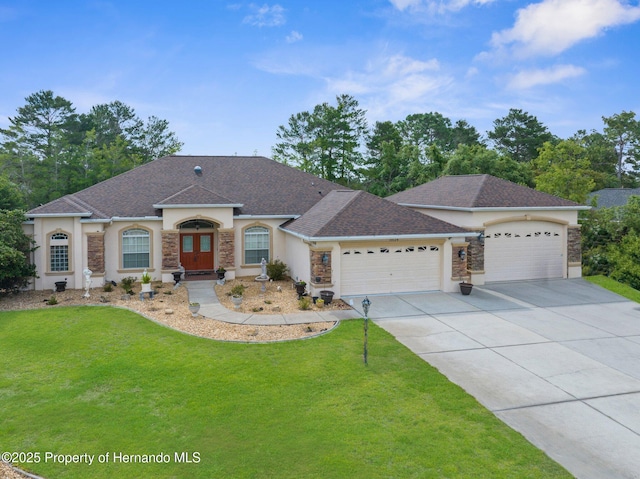 view of front of house with driveway, an attached garage, a shingled roof, stone siding, and a front lawn