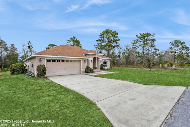 view of front of home with a garage, driveway, roof with shingles, stucco siding, and a front yard