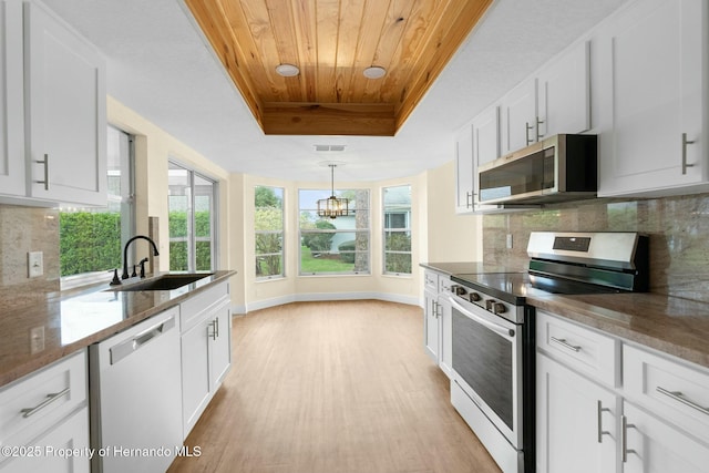 kitchen featuring tasteful backsplash, a raised ceiling, appliances with stainless steel finishes, light wood-style floors, and a sink