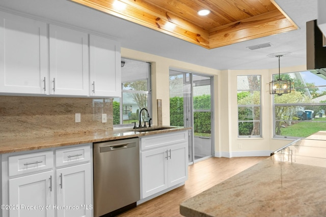 kitchen with tasteful backsplash, a raised ceiling, visible vents, wooden ceiling, and dishwasher