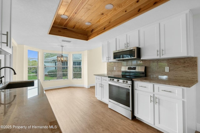 kitchen with tasteful backsplash, a raised ceiling, appliances with stainless steel finishes, wood ceiling, and a sink